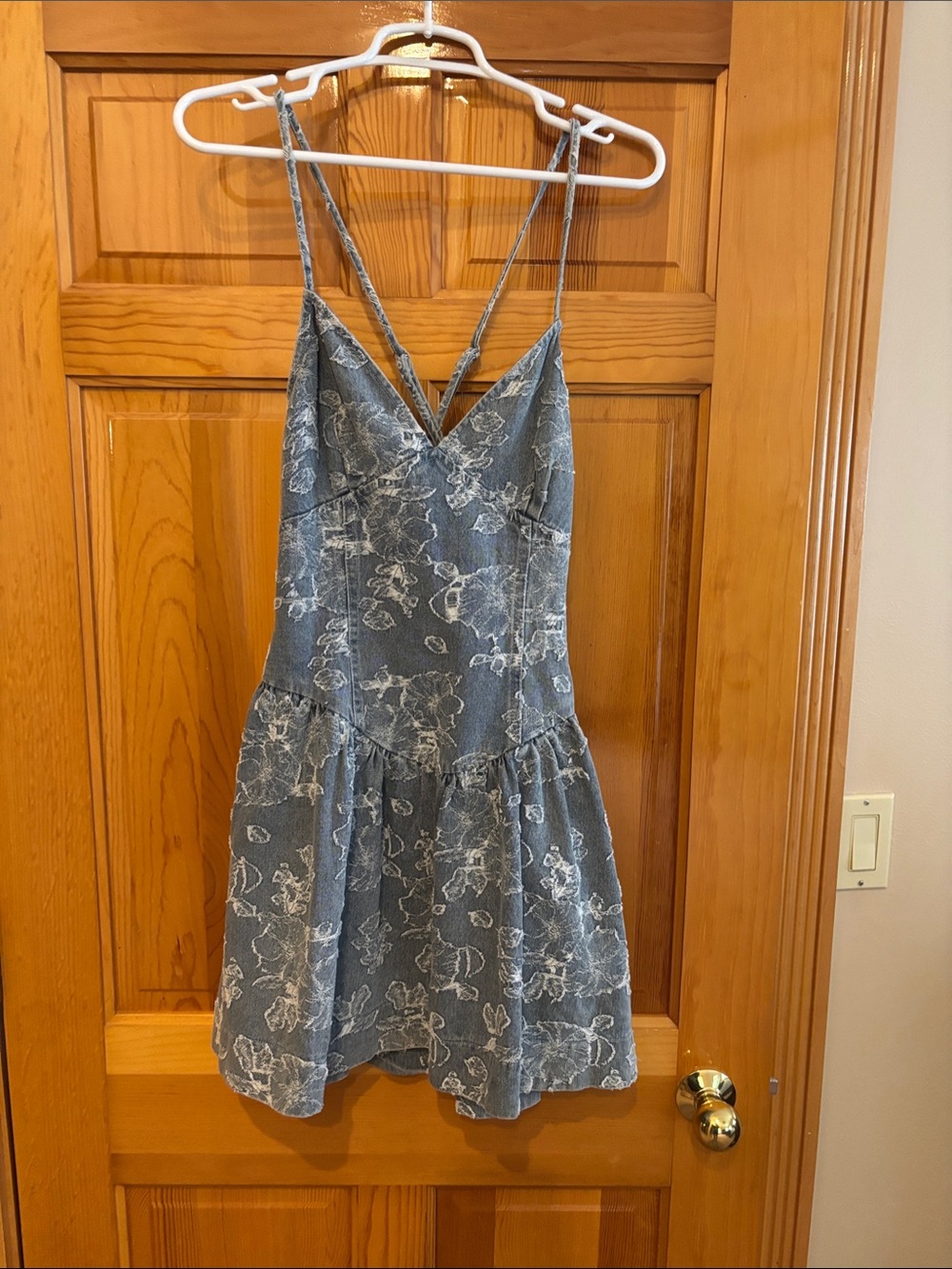 Floral Print Blue Denim Spaghetti Strap Sundress